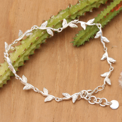 High-Polished Leafy Sterling Silver Charm Link Bracelet