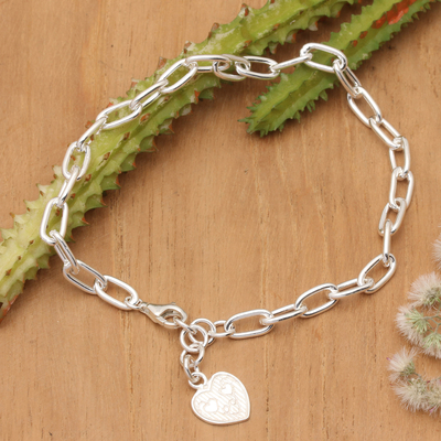 High-Polished Sterling Silver Heart-Shaped Charm Bracelet