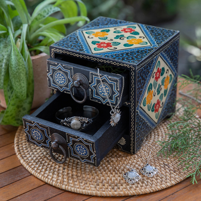 Handcrafted Blue-Toned Batik Ganitri Wood Jewelry Chest