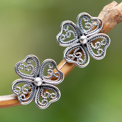 Lucky Four-Leaf Clover Openwork Silver Button Earrings