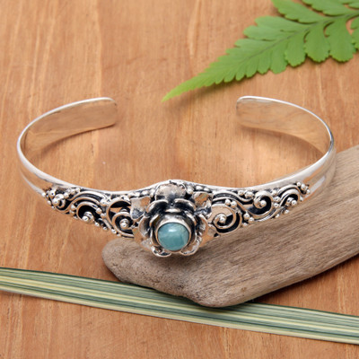 Larimar Sterling Silver Floral-Themed Cuff Bracelet