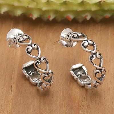 Romantic Heart-Shaped Sterling Silver Half-Hoop Earrings