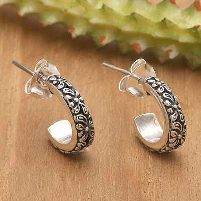 Classic Flower-Themed Sterling Silver Half-Hoop Earrings