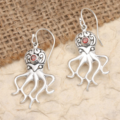 Sterling Silver Octopus Dangle Earrings with Garnet Stones