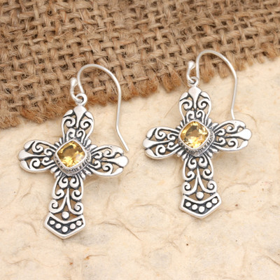 Sterling Silver Cross Dangle Earrings with Citrine Stones