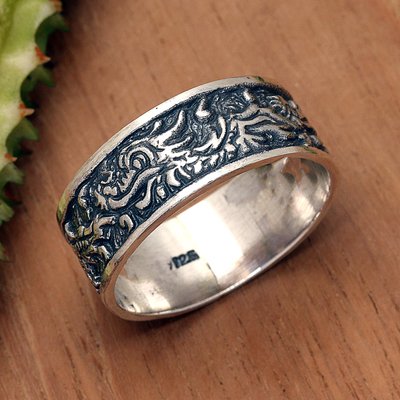 Dragon-Themed Polished Sterling Silver Band Ring