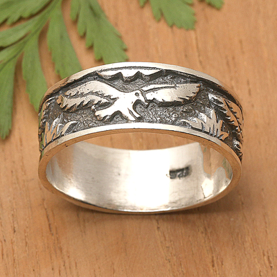 Eagle-Themed Polished Sterling Silver Band Ring