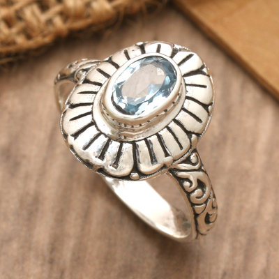Classic Floral Sterling Silver and Blue Topaz Cocktail Ring