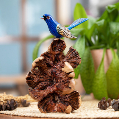 Natural Benalu and Jempinis Wood Blue Bird Sculpture