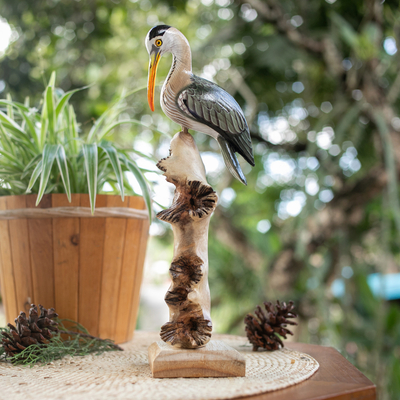 Hand-Painted Nature-Themed Wood Sculpture of a Crane