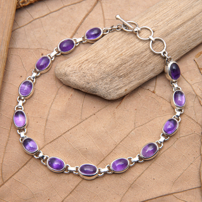 Polished Amethyst and Sterling Silver Tennis-Style Bracelet