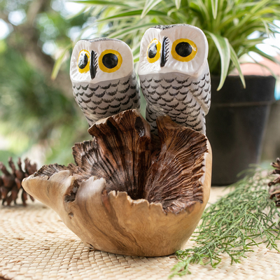 Owl-Themed Jempinis and Benalu Wood Sculpture from Bali