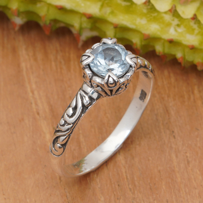 Blue Topaz Silver Solitaire Ring with Balinese Motifs