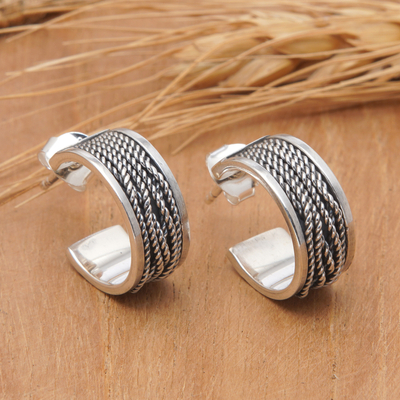 Polished and Oxidized Rope-Patterned Half-Hoop Earrings