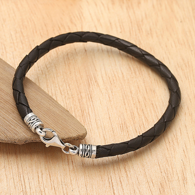 Handmade Black Leather and Sterling Silver Braided Bracelet