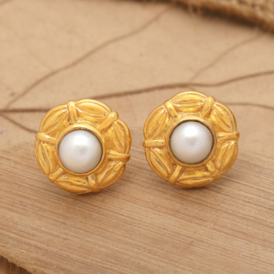22k Gold-plated Cultured Pearl Umbrella Button Earrings