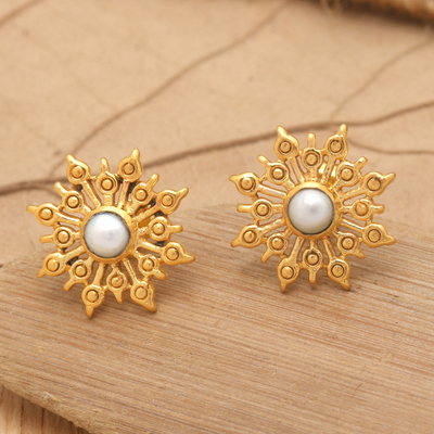 22k Gold-plated Cultured Pearl Chakra Button Earrings