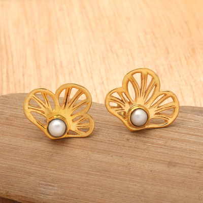 22k Gold-plated Cultured Pearl Clover Button Earrings