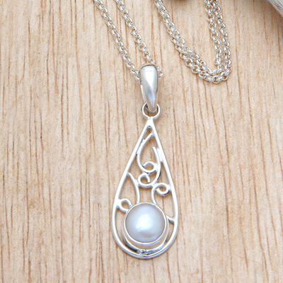 Cultured Pearl Silver Pendant Necklace with Openwork Accents
