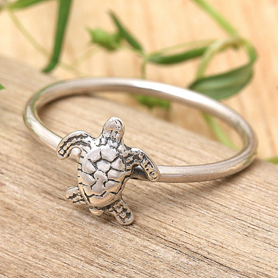 Polished Oxidized Sterling Silver Sea Turtle Band Ring