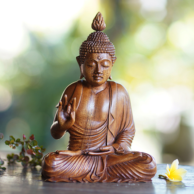 Inspirational Hand-Carved Suar Wood Buddha Sculpture