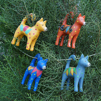 Set of 4 Hand-Painted Wooden Dog-Themed Christmas Ornaments