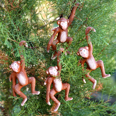 4 Hand-Painted Wooden Monkey Christmas Ornaments from Bali