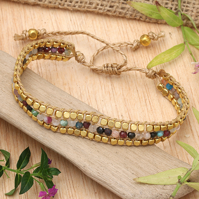 Gold-Accented Adjustable Fluorite Beaded Wristband Bracelet