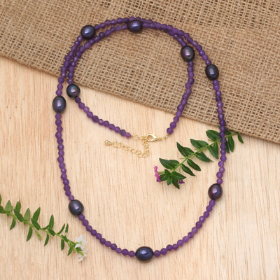 18k Gold-Accented Amethyst and Purple Pearl Beaded Necklace