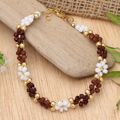 Floral Gold-Plated White and Brown Crystal Beaded Bracelet