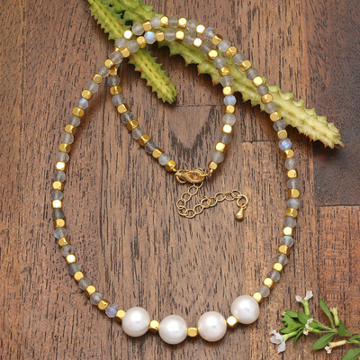 18k Gold-Plated Rainbow Moonstone and White Pearl Necklace