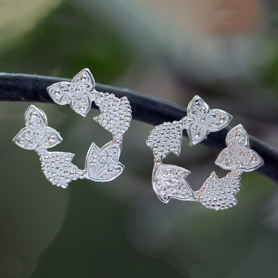 Polished Floral and Leafy Sterling Silver Button Earrings