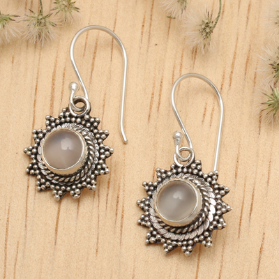 Balinese-Made Natural Rainbow Moonstone Sun Dangle Earrings