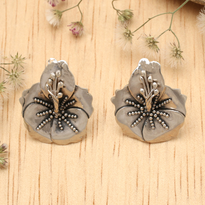 Nature-Themed Sterling Silver Hibiscus Bloom Button Earrings