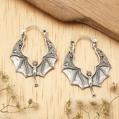 Balinese Handmade Bat-Shaped Sterling Silver Hoop Earrings