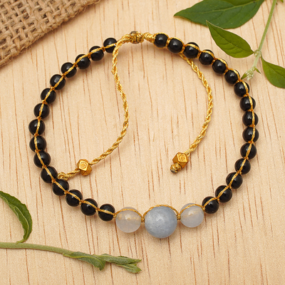 Balinese-Crafted Golden Onyx and Aquamarine Beaded Bracelet