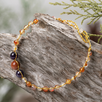 Adjustable Golden Chalcedony and Amethyst Beaded Bracelet