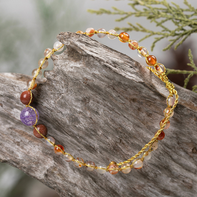 Balinese-Made Golden Chalcedony and Amethyst Beaded Bracelet