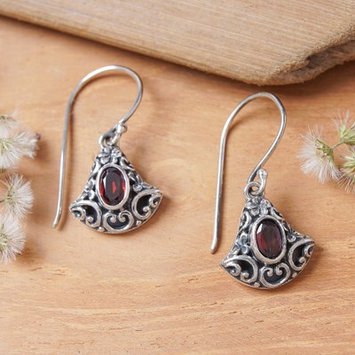 Folk Art-Themed Natural Garnet Dangle Earrings Made in Bali