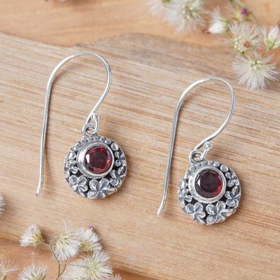 Frangipani-Themed Dangle Earrings with Faceted Garnet Gems