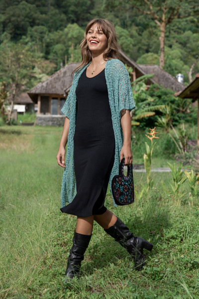 Open-Front Short-Sleeved Knit Long Jacket in Seafoam Shade