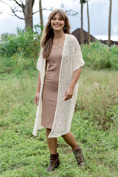 Vanilla Knit Long Jacket with Open Front and Short Sleeves