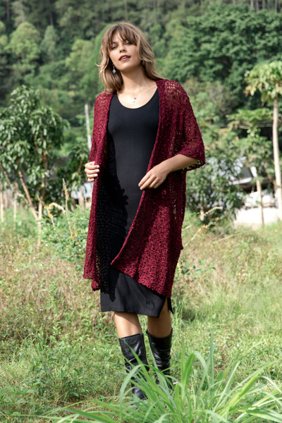 Red Open-Front Short-Sleeved Knit Long Jacket from Bali