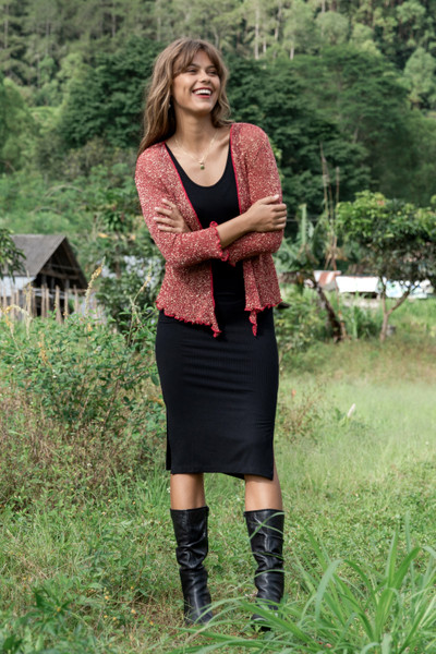 Open-Front Knit Jacket and Shrug in Cherry Red and Gold Hues