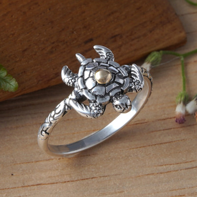 18k Gold-Accented Silver Cocktail Ring with Turtle Motif