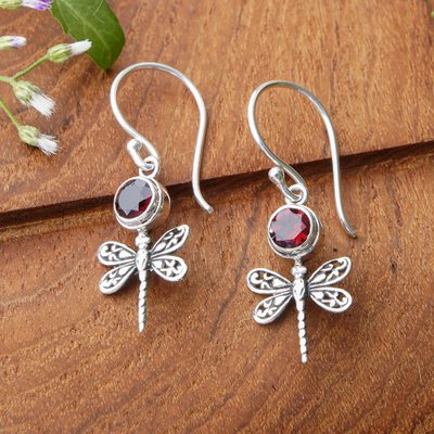 Dragonfly-Themed Sterling Silver and Garnet Dangle Earrings