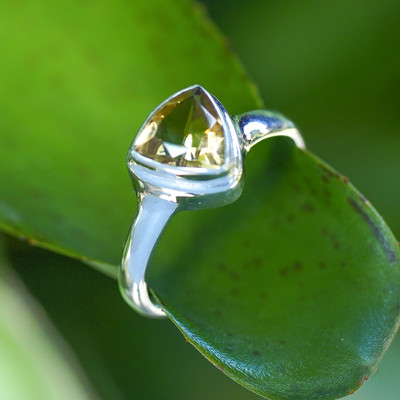 Silver Single Stone Ring with Triangular Faceted Citrine Gem