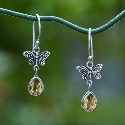 Butterfly-Themed Citrine Sterling Silver Dangle Earrings