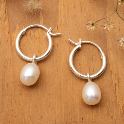 Polished Silver Cultured Pearl Hoop Earrings from Bali