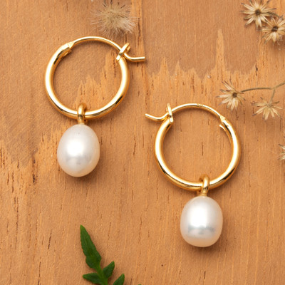 18k Gold-Plated Hoop Earrings with White Cultured Pearls